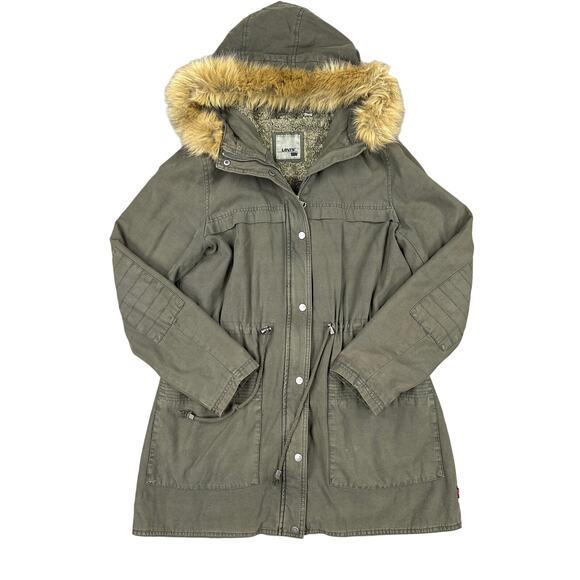 Levi’s - Fur Trim Hooded Parka Coat in Green & Tan